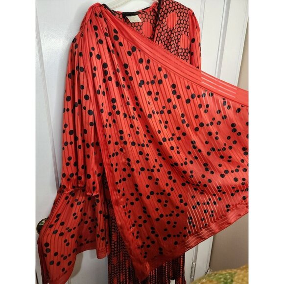 Diane Freis Georgette Red Polka Dot Maxi Dress Pleated Attached Scarf Sz Large - Picture 4 of 6